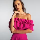 Vestido Longo em Crepe Ombro a Ombro com Babados – REF: EG16