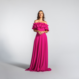 Vestido Longo em Crepe Ombro a Ombro com Babados – REF: EG16