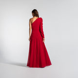 Vestido Longo Drapeado Assimétrico com Manga Longa em Musselina Fluida com Fenda – REF: EG03