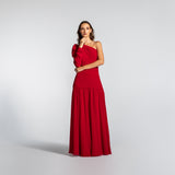 Vestido Longo Drapeado Assimétrico com Manga Longa em Musselina Fluida com Fenda – REF: EG03