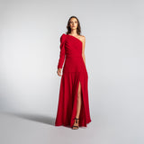 Vestido Longo Drapeado Assimétrico com Manga Longa em Musselina Fluida com Fenda – REF: EG03