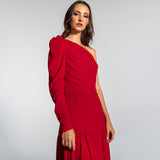 Vestido Longo Drapeado Assimétrico com Manga Longa em Musselina Fluida com Fenda – REF: EG03