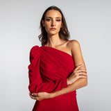 Vestido Longo Drapeado Assimétrico com Manga Longa em Musselina Fluida com Fenda – REF: EG03