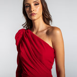 Vestido Longo Drapeado Assimétrico com Manga Longa em Musselina Fluida com Fenda – REF: EG03