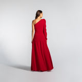 Vestido Longo Drapeado Assimétrico com Manga Longa em Musselina Fluida com Fenda – REF: EG03