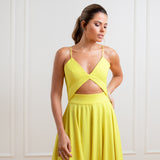Vestido Longo em Crepe com Recortes e Saia Ampla – REF: EG36