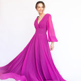 Vestido Longo em Musseline com Mangas Longas e Saia Esvoaçante – REF: EG40