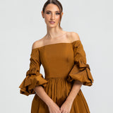 Vestido Longo em Tafeta Ombro a Ombro com Mangas – REF: OD66
