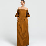 Vestido Longo em Tafeta Ombro a Ombro com Mangas – REF: OD66