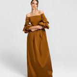 Vestido Longo em Tafeta Ombro a Ombro com Mangas – REF: OD66