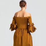 Vestido Longo em Tafeta Ombro a Ombro com Mangas – REF: OD66