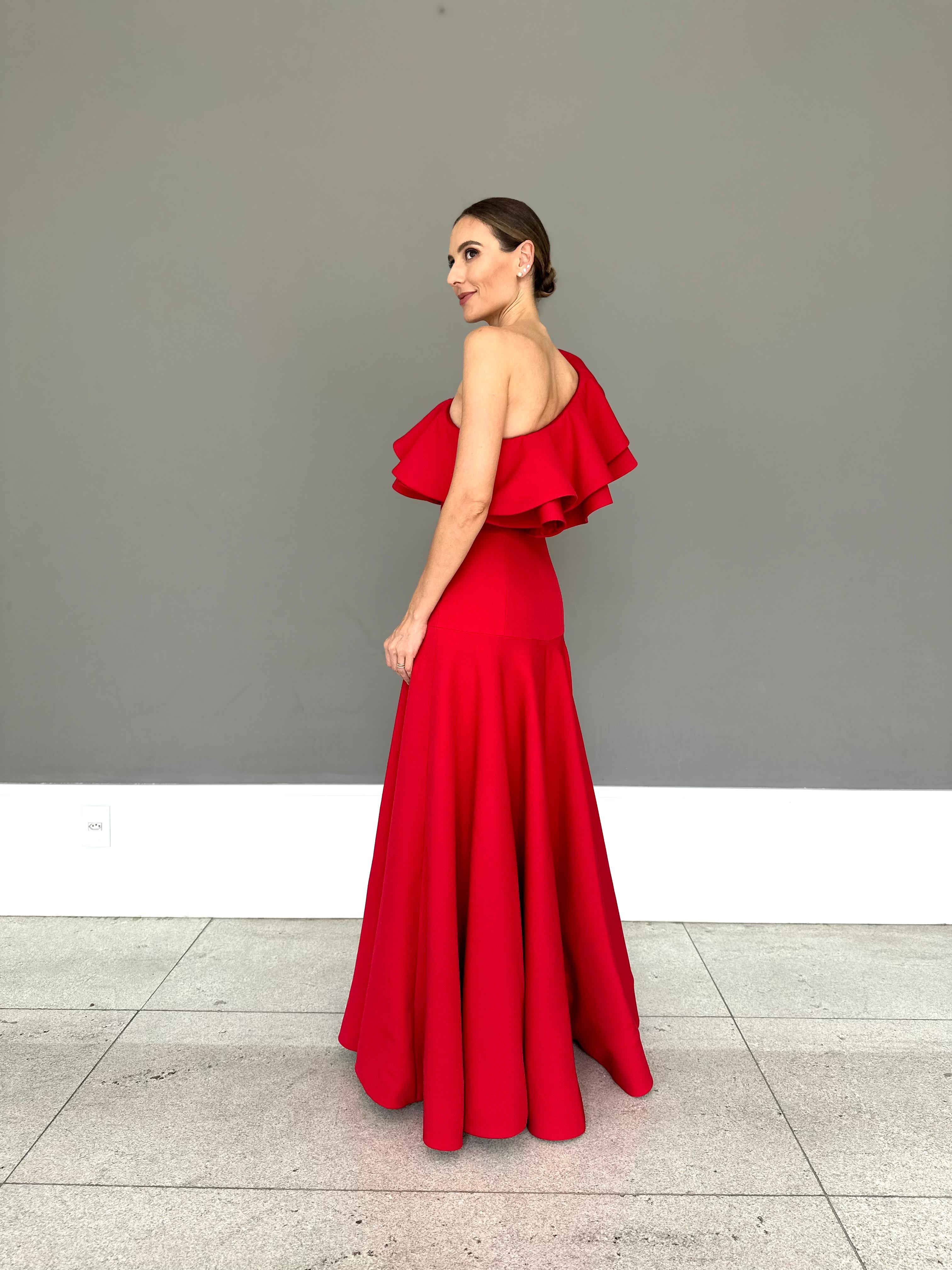 Vestido Longo em Crepe Fosco com Babado Estruturado – REF: OD82