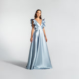 Vestido Longo em Zibeline com Decote Profundo e Babados – REF: EG09