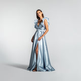 Vestido Longo em Zibeline com Decote Profundo e Babados – REF: EG09