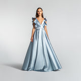 Vestido Longo em Zibeline com Decote Profundo e Babados – REF: EG09