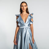 Vestido Longo em Zibeline com Decote Profundo e Babados – REF: EG09