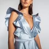 Vestido Longo em Zibeline com Decote Profundo e Babados – REF: EG09