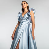Vestido Longo em Zibeline com Decote Profundo e Babados – REF: EG09