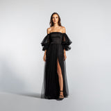 Vestido Longo em Tule com Fenda e Mangas Bufantes – REF: EG05