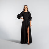 Vestido Longo em Musseline Fluida com Mangas Bufantes e Fenda - REF:EG02