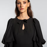Vestido Longo em Musseline Fluida com Mangas Bufantes e Fenda - REF:EG02