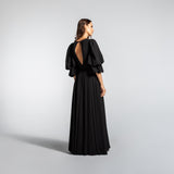Vestido Longo em Musseline Fluida com Mangas Bufantes e Fenda - REF:EG02