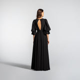Vestido Longo em Musseline Fluida com Mangas Bufantes e Fenda - REF:EG02