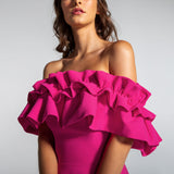Vestido Longo em Crepe Ombro a Ombro com Babados – REF: EG16