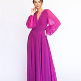 Vestido Longo em Musseline com Mangas Longas e Saia Esvoaçante – REF: EG40
