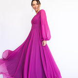 Vestido Longo em Musseline com Mangas Longas e Saia Esvoaçante – REF: EG40