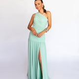 Vestido Longo Drapeado Assimétrico em Musselina Fluida com Fenda – REF: EG03.SM