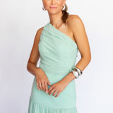Vestido Longo Drapeado Assimétrico em Musselina Fluida com Fenda – REF: EG03.SM
