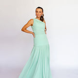 Vestido Longo Drapeado Assimétrico em Musselina Fluida com Fenda – REF: EG03.SM