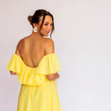 Vestido Longo em Musseline Fluida Amplo com Babados Ombro a Ombro – REF: OD89