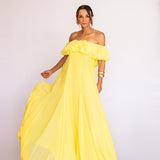 Vestido Longo em Musseline Fluida Amplo com Babados Ombro a Ombro – REF: OD89
