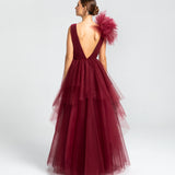 Vestido Longo em Tule Drapeado com Saia Volumosa Assimétrica – REF: EG44