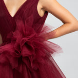 Vestido Longo em Tule Drapeado com Saia Volumosa Assimétrica – REF: EG44