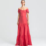 Vestido Longo em Tafetá Ombro a Ombro Cadeirão e Saia Franzida – REF: EG25