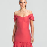 Vestido Longo em Tafetá Ombro a Ombro Cadeirão e Saia Franzida – REF: EG25