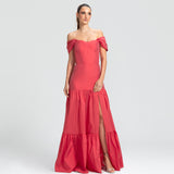 Vestido Longo em Tafetá Ombro a Ombro Cadeirão e Saia Franzida – REF: EG25