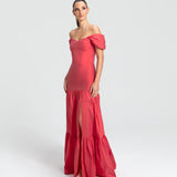 Vestido Longo em Tafetá Ombro a Ombro Cadeirão e Saia Franzida – REF: EG25