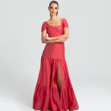 Vestido Longo em Tafetá Ombro a Ombro Cadeirão e Saia Franzida – REF: EG25
