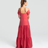 Vestido Longo em Tafetá Ombro a Ombro Cadeirão e Saia Franzida – REF: EG25