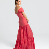 Vestido Longo em Tafetá Ombro a Ombro Cadeirão e Saia Franzida – REF: EG25