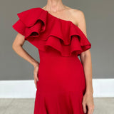 Vestido Longo em Crepe Fosco com Babado Estruturado – REF: OD82